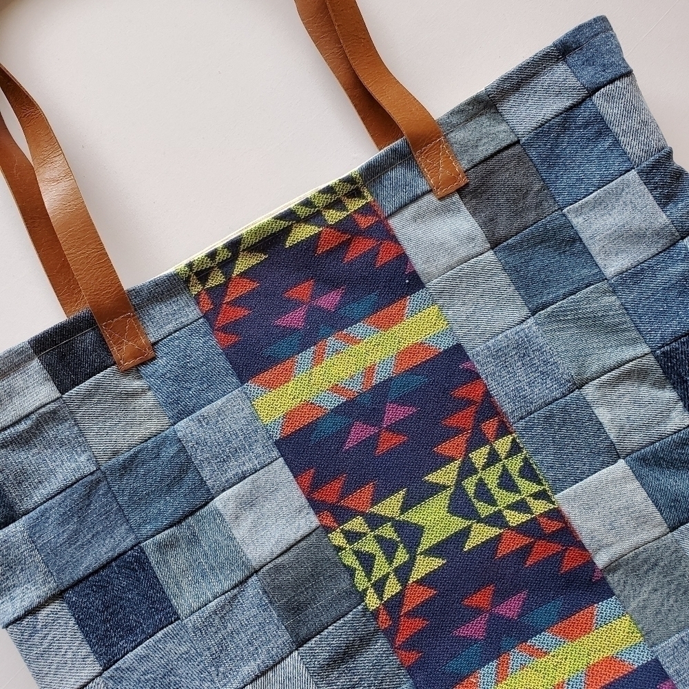 NEW Denim Tote Bag with Leather Straps - Bright Colors Farmers Market Day Trip - Picture 2 of 3